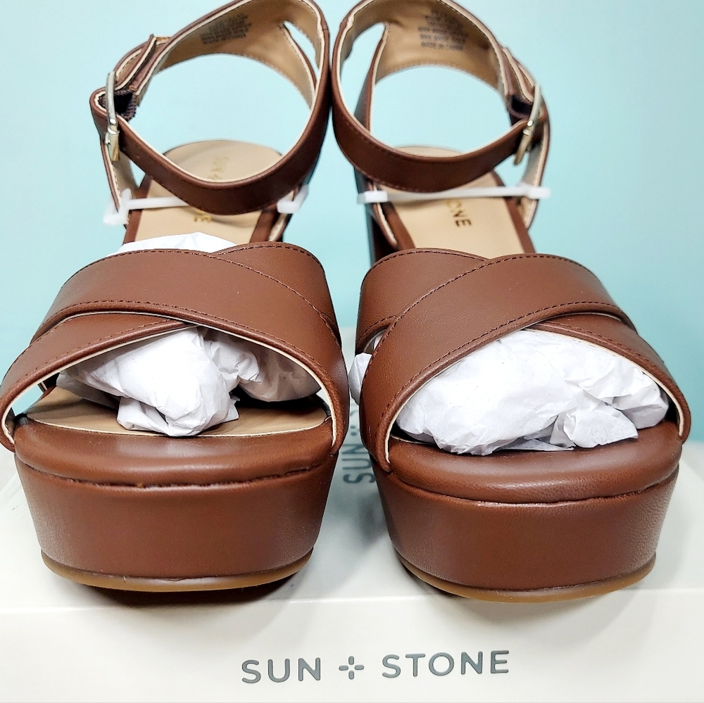 Sun + Stone Tan Brown Leather Platform Heel Sandals - Picture 6 of 13